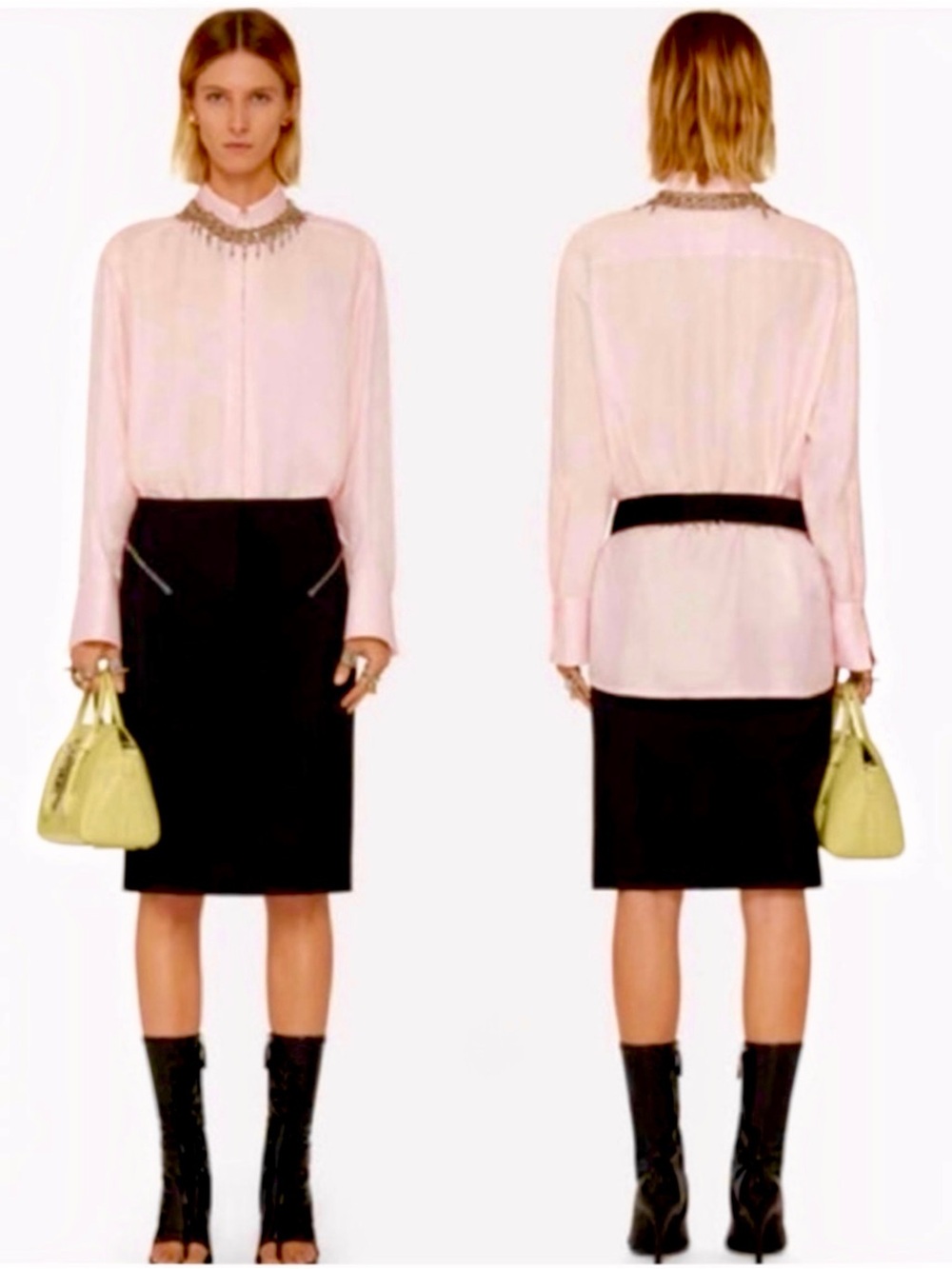 GIVENCHY LOGO 4G Silk Zip-front Jacquard Satin Shirt Long Sleeve Blouse Tunic